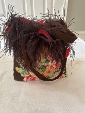 Persnickety Floral Tote with Brown Feather Trim and Red Accents